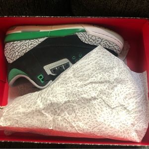 Their Brand new, white, green, black , and grey jordans.